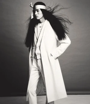 Model with long dark hair wearing a white overcoat and headband against a neutral studio background.