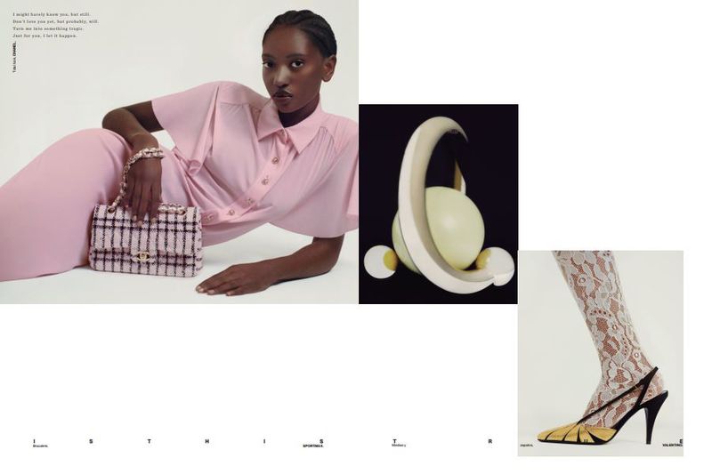 Fashion editorial shot of a Black woman in a pink dress and tweed purse, alongside abstract art and a high-heel shoe.