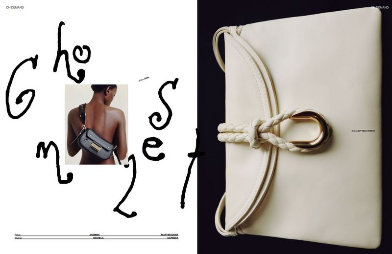 Fashion editorial shot of a woman wearing a black crossbody bag and close-up of an off-white handbag with a gold-tone fastener.