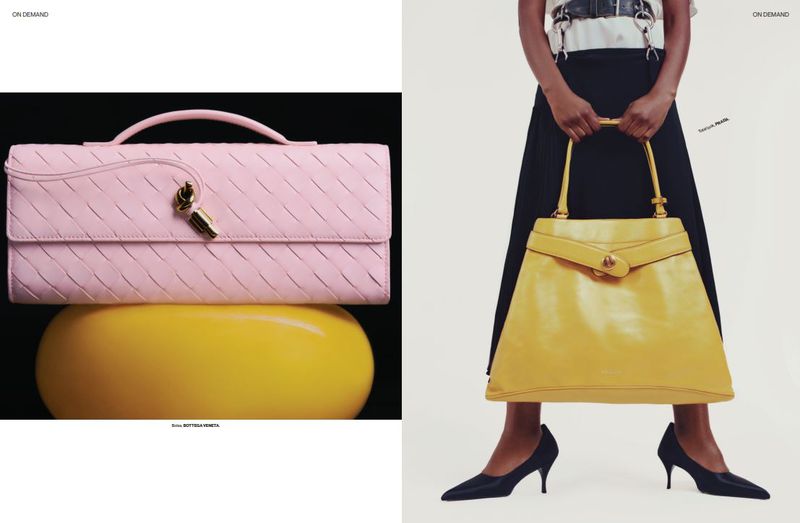 Fashion editorial featuring a woman holding a yellow purse, juxtaposed with a pink purse on a yellow stand, set against contrasting backgrounds.