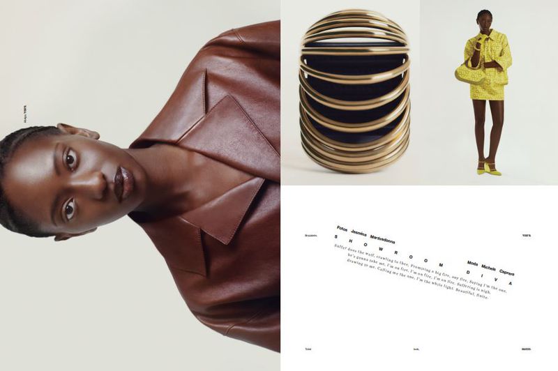 Fashion collage: A dark-skinned model wears a brown leather jacket next to an image of a purse and another model wearing a yellow outfit.