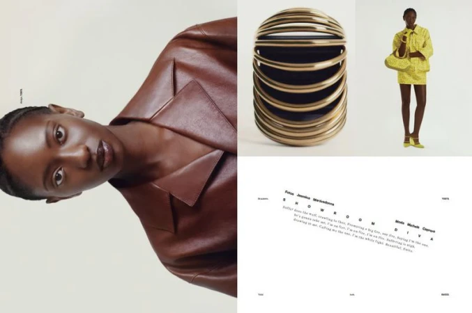 Fashion collage: A dark-skinned model wears a brown leather jacket next to an image of a purse and another model wearing a yellow outfit.