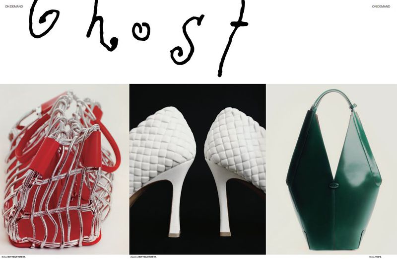 Fashion editorial featuring a red handbag, two white heels, and a green handbag against white and black backgrounds.