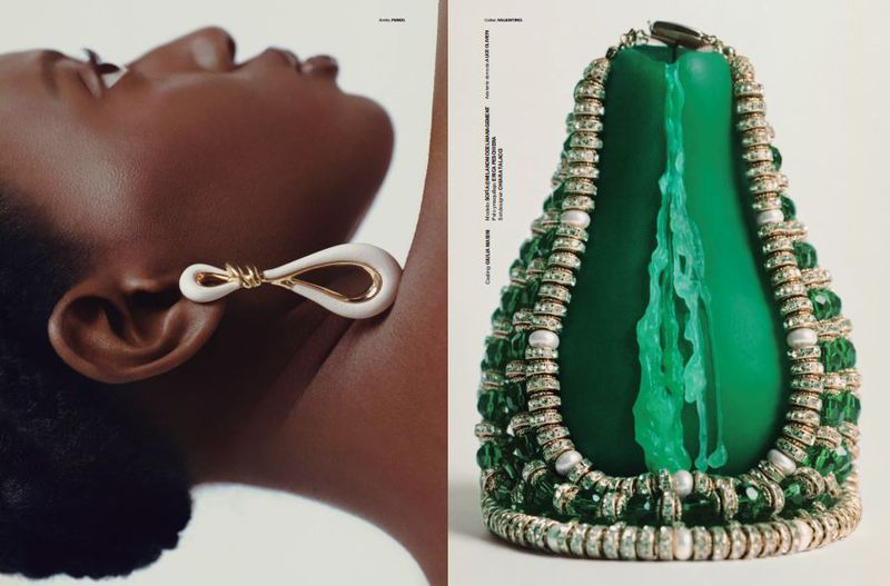 Editorial shot featuring a Black woman wearing a gold and white earring, and a green beaded sculpture with a white background.