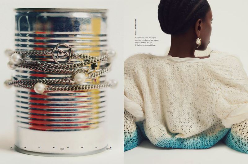 Studio shot of an adult woman with pearl earrings, wearing an off-white knit sweater, next to a shiny metal can with bracelets.