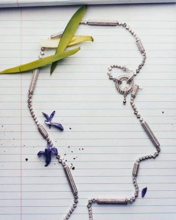 Overhead shot of a diamond necklace with floral elements on lined paper creating an elegant, artistic composition. Jewellery concept.