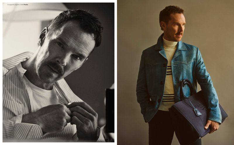 Benedict Cumberbatch portrait in studio, wearing jacket and carrying a bag, captured in a black and white close-up and a color medium shot.