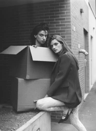 Black and white photo of Lily McMenamy inside a cardboard box next to Yura Romaniuk in a dark blazer and lace tights outdoors.