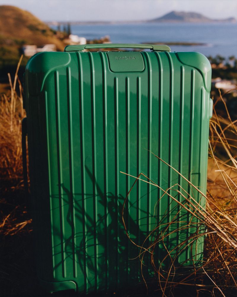 Green Rimowa carry-on luggage sits on a grassy hilltop overlooking the ocean and distant mountain; travel and lifestyle concept.
