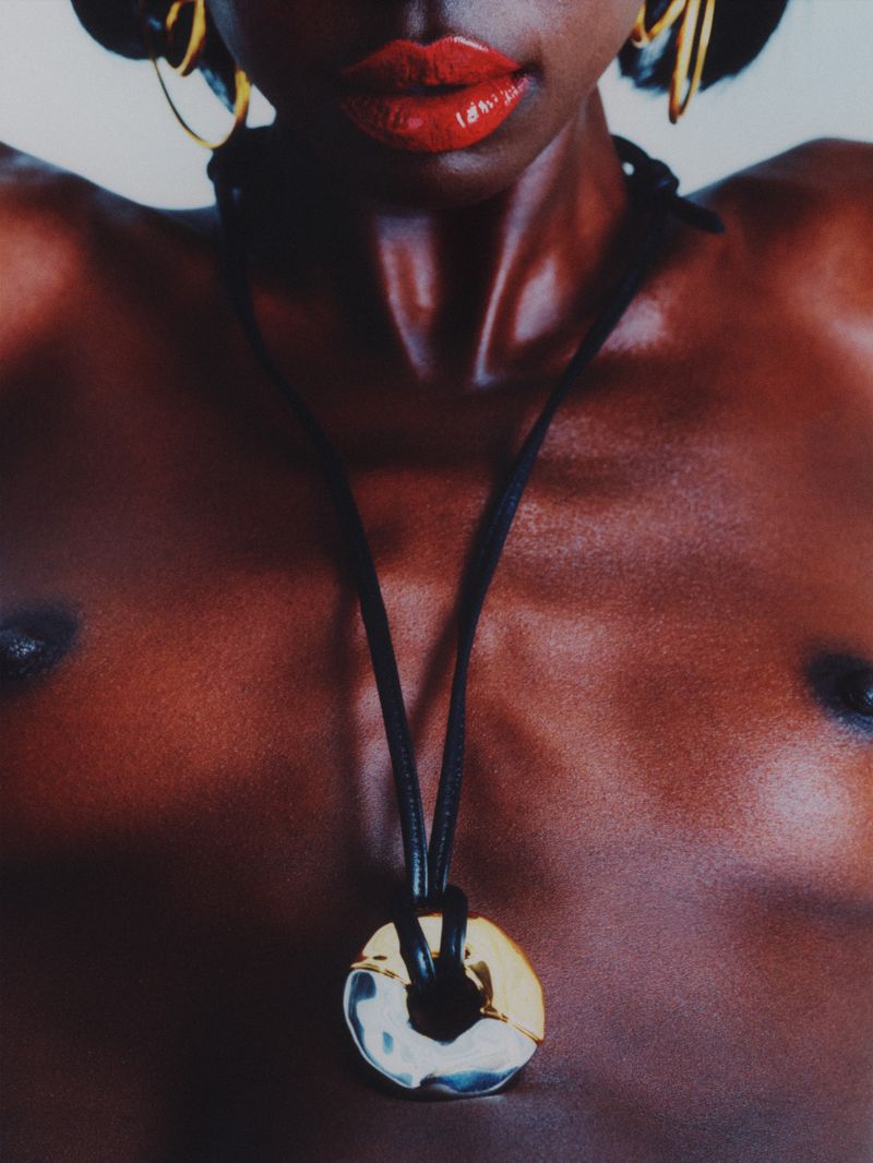 Chest and up portrait of an African American woman with red lips wearing gold earrings and pendant necklace against a white backdrop.