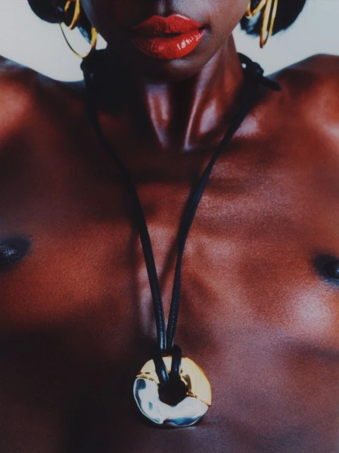 Chest and up portrait of an African American woman with red lips wearing gold earrings and pendant necklace against a white backdrop.
