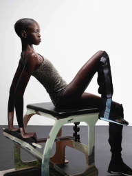 Model Adhar Abiem wearing a shimmering bodysuit and high-top boots poses seated on a pilates apparatus in a studio setting.