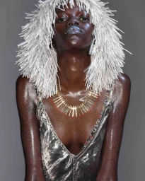 Close-up portrait of a Black female model with glittery skin, a metallic necklace, and a textured white straw wig against a grey background