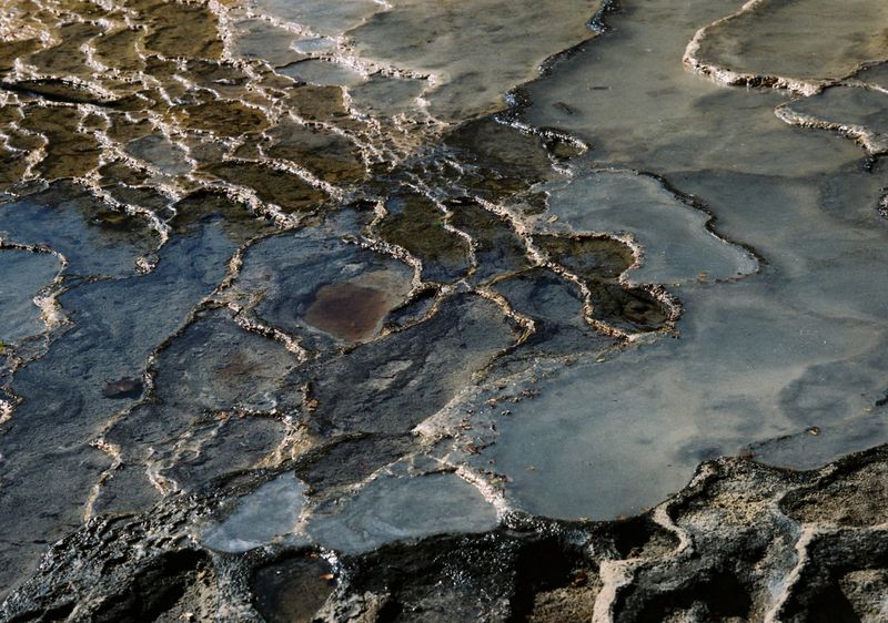 Detailed view of mineral deposits with water flowing over the terraced landscape, creating a textured surface of gray and brown hues.