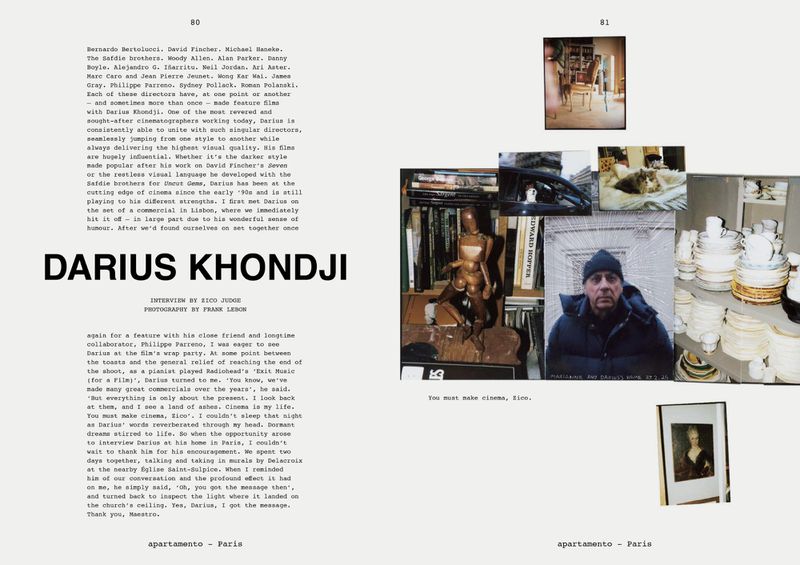 Collage featuring portrait of Darius Khondji, alongside photographs of interiors, a wooden mannequin, and stacked dishware on a magazine spread.