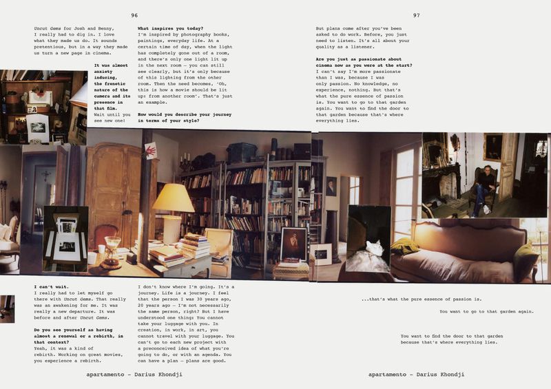 Interior shots in magazine collage: living room with couch and fireplace, interior library, books, portraits and photo studio equipment.