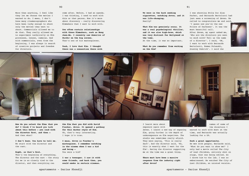 Collage of interior design photos with text overlays. Staircases, artwork, and excerpts from an interview with Darius Khondji.