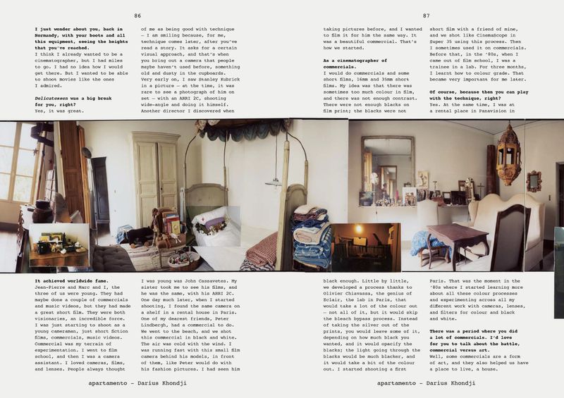 Apartamento magazine double-page spread showing room interiors with beds, mirrors, and chairs, plus accompanying text excerpts on the page.
