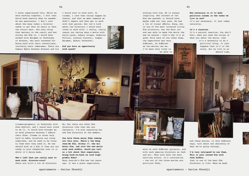 Image of open pages from 'apartamento' magazine featuring photos of apartment interiors and related interview text about film directors.