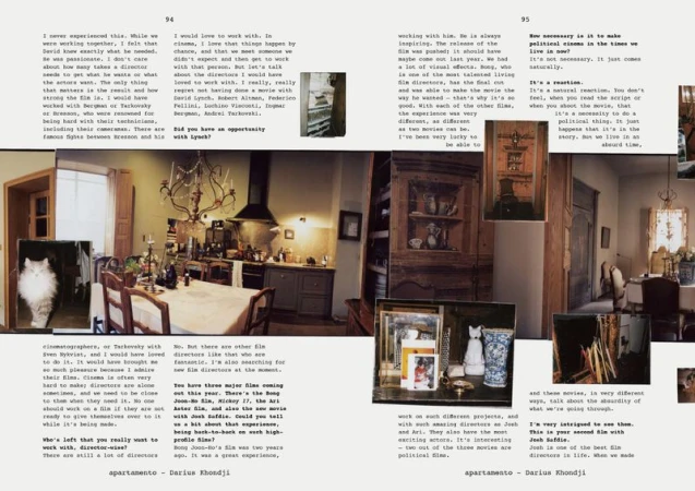 Image of open pages from 'apartamento' magazine featuring photos of apartment interiors and related interview text about film directors.