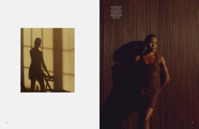 Model in a brown tank dress poses against a vertical slatted wall alongside an inset photo showing a silhouetted figure in warm light.