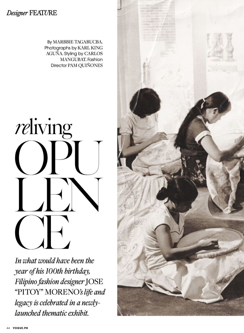 Monochromatic image captures three women sewing together in an indoor setting with an exhibit and fashion-related text on the left.
