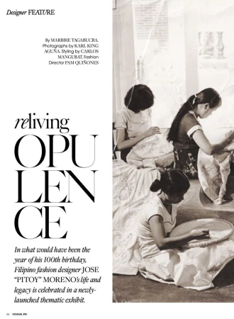 Monochromatic image captures three women sewing together in an indoor setting with an exhibit and fashion-related text on the left.
