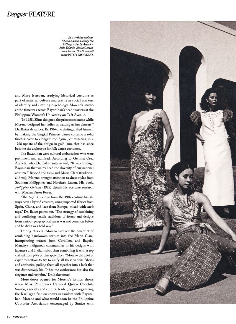 Three women in Filipiniana dresses pose outdoors on steps with an arched background. Each woman wears different formal attire.