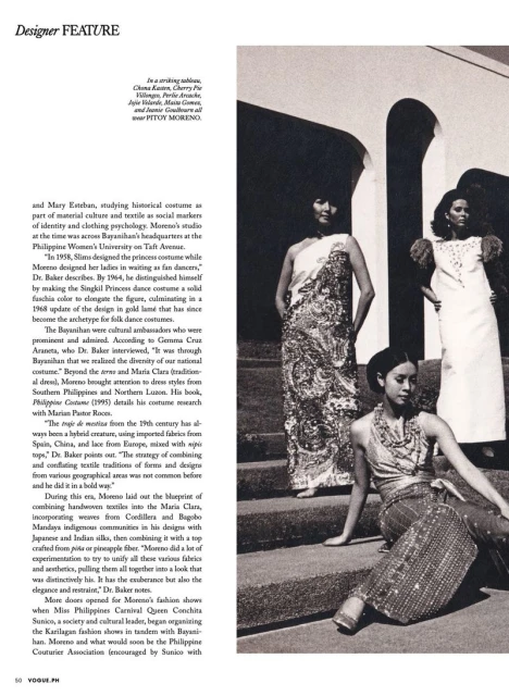 Three women in Filipiniana dresses pose outdoors on steps with an arched background. Each woman wears different formal attire.