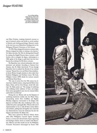 Three women in Filipiniana dresses pose outdoors on steps with an arched background. Each woman wears different formal attire.
