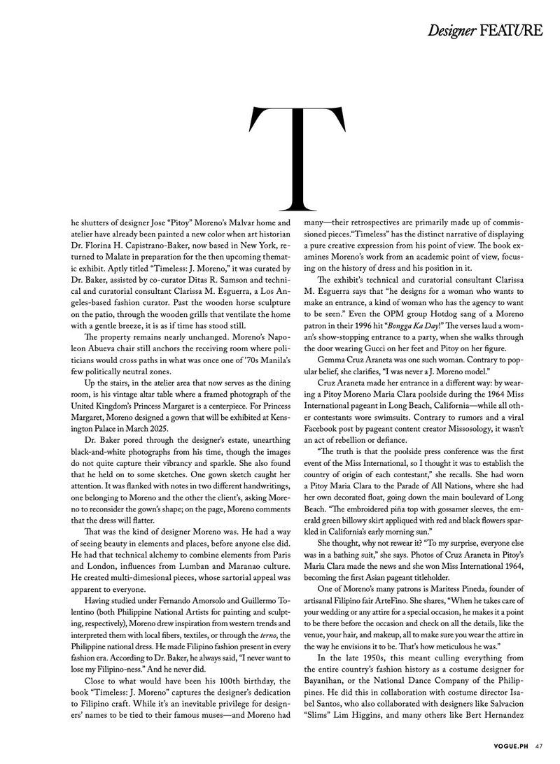 Designer Feature page in Vogue with a large letter 'T' at the top and text about Pitoy Moreno's Malvar home.