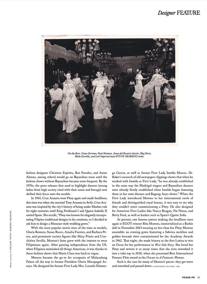 Magazine page featuring a vintage black and white photograph of runway models presenting embroidered terno gowns in a ballroom.