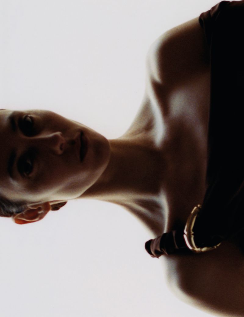 Portrait of a woman with brown hair and brown dress in soft lighting against a bright background, posing with a serious expression.