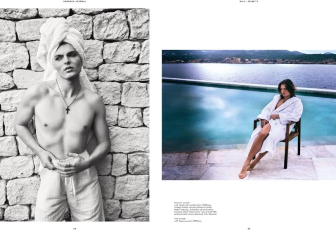 Monochromatic magazine spread featuring a man with a towel on his head and a second man in a bathrobe sitting by a pool.