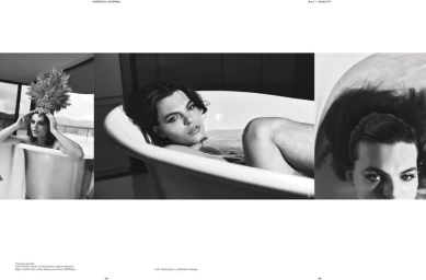 Black and white editorial spread featuring Damian Hurley in a bathtub with an elaborate feathered headpiece.