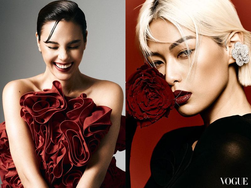 Two portraits of women with dramatic makeup and ruffled dresses: one smiling, the other with a flower and silver earring.