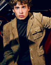 Young man in a tan suede jacket and black turtleneck sitting inside a car for MMScene Coupez! De Ville editorial.
