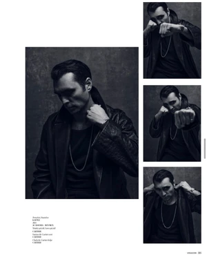 Actor Hakan Kurtaş wearing a dark leather coat and chain necklace in a multi-image editorial layout for Vogue Turkey Man.