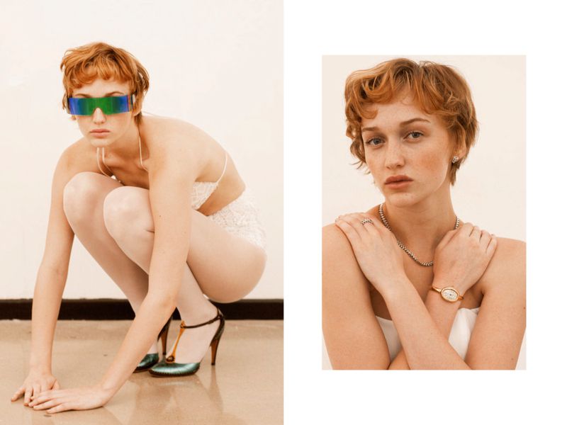 Image showcases a woman in a white lingerie set and futuristic sunglasses, posed in a studio, with an emphasis on fashion and beauty.