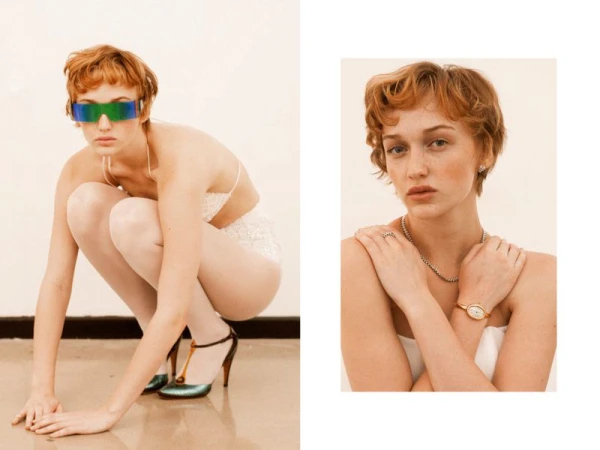 Image showcases a woman in a white lingerie set and futuristic sunglasses, posed in a studio, with an emphasis on fashion and beauty.