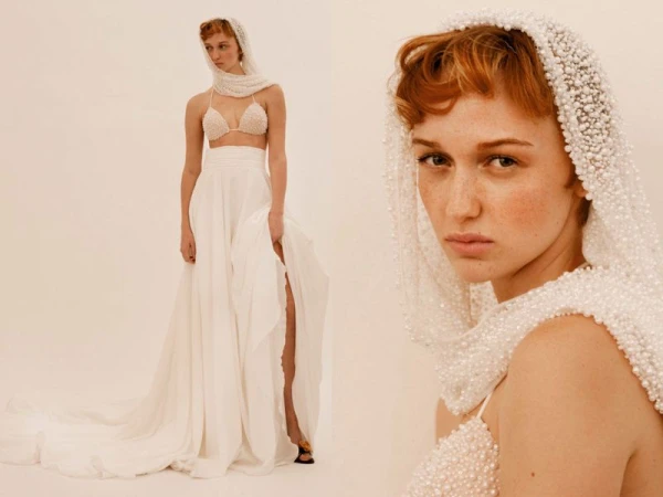 A red-haired woman in a white skirt and beaded top and head covering poses in a studio setting, with a crop showing her facial details.