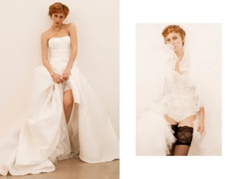 Model with short red hair wearing white wedding dress and corset in editorial fashion shoot by Fabio Munis for Spaghetti Magazine.