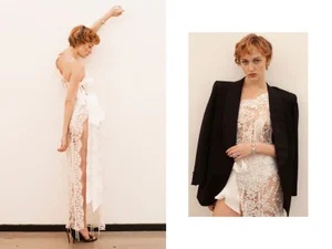 Diptych of a woman with short auburn hair wearing a sheer white lace one-shoulder dress and a draped black blazer against a plain wall.