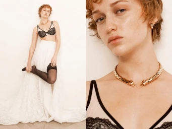 Diptych of a woman with short auburn hair wearing a black lace bralette, white bridal skirt, and gold cheetah choker necklace.