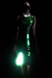 Model wearing a shimmering green sequin dress and beaded necklace under dramatic low-key lighting against a dark background.
