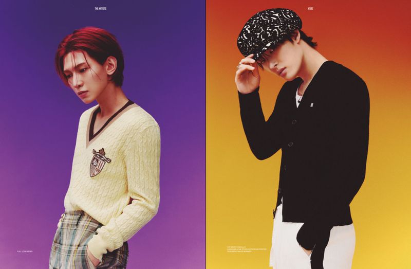 Two asian male models in casual-wear sweaters pose against gradient backgrounds in a split portrait, showcasing fashion editorial style.
