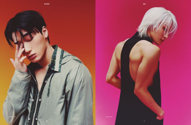 Two portraits show Korean male models against vibrant backgrounds. One wears a gray jacket; the other a black tank top with white hair.