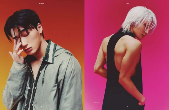 Two portraits show Korean male models against vibrant backgrounds. One wears a gray jacket; the other a black tank top with white hair.