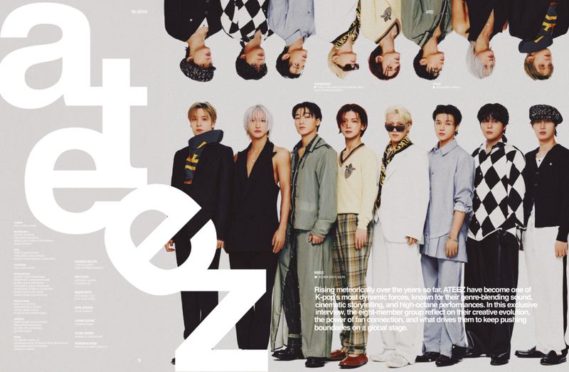 ATEEZ K-pop group poses in muted, stylish outfits against a light grey backdrop, with additional images of the members shown above.
