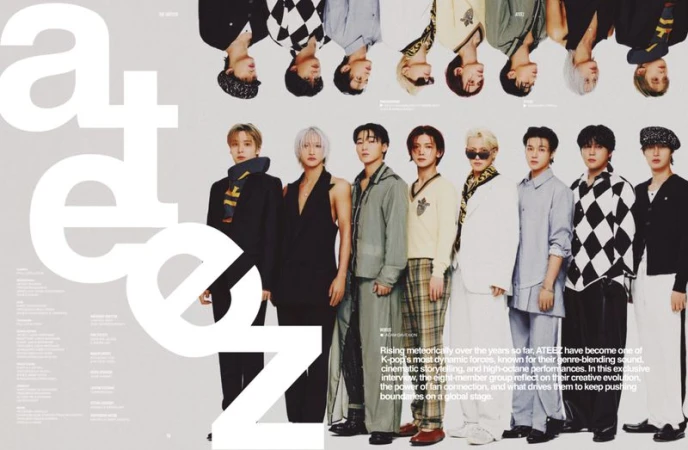 ATEEZ K-pop group poses in muted, stylish outfits against a light grey backdrop, with additional images of the members shown above.